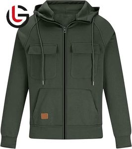 OEM 100% sweat à capuche en molleton de coton pour hommes capuche avant 2 deux poches quart fermeture éclair poche kangourou manches raglan couleur grise respirant - Product Image 2