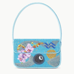 Sac à bandoulière pour femme en perles bleues motif Zodiaque Verseau, motif fleur d'orchidée et boule de billard 8, sac à main fait main, sacs fourre-tout astrologiques personnalisés - Product Image 1