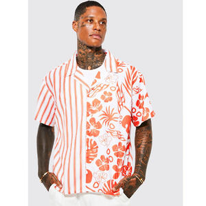 Proveedor indio Cómodo OEM Cuello cubano Camisa informal a rayas horizontales blancas y naranjas Mejor precio Fabricación al por mayor - Product Image 1