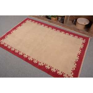 Turkish Accent Rug 3.6x5.6 ft <b>Red</b> Beige Patchwork <b>Wool</b> Rug with Latex Backing Eco Friendly - Product Image 2