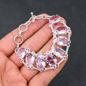 Pulsera de piedras preciosas de kunzita Rosa creada en laboratorio de diseñador Cadena hecha a mano chapada en plata esterlina Estilo Compromiso de boda de lujo - Product Image 3