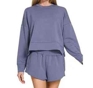 2025 solide décontracté femmes deux pièces vêtements de sport ensemble à manches longues sweat et short respirant Spandex/Polyester - Product Image 6