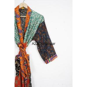 Bata Kimono de Seda 100% Pura para Mujer, Transpirable, Larga, con Cierre de Cordón, Tela de Sari Indio - Product Image 3