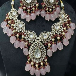 Ensemble de colliers Polki de créateur de luxe en plaqué or avec boucles d'oreilles Bijoux de mariée pour mariage et fête - Product Image 1