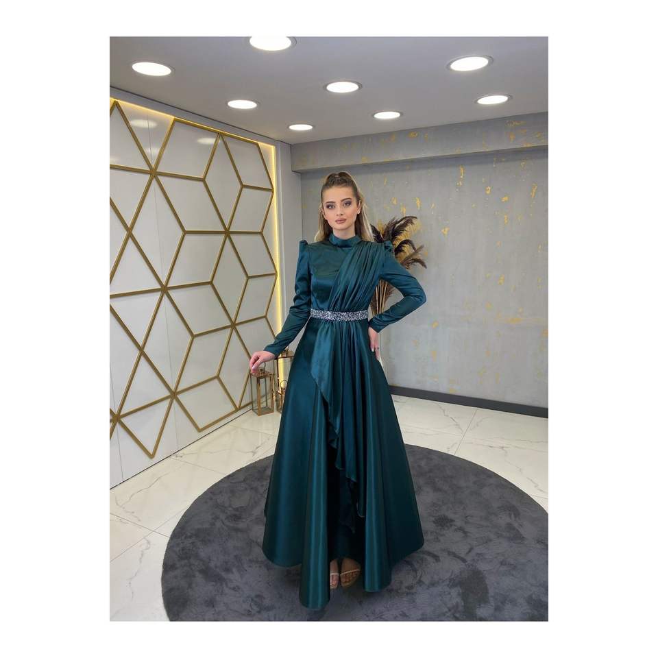 Satin Stone Belted Evening Dress