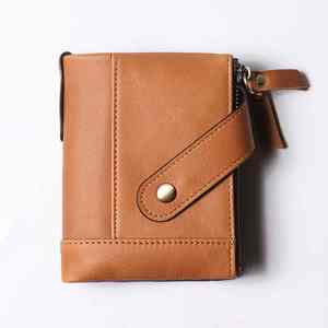 Cartera con cadena de piel auténtica Vintage para hombre al por mayor, Tarjetero con bloqueo RFID y botón de cremallera corto - Product Image 4