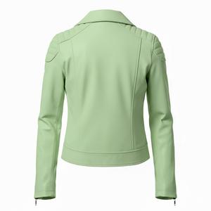 Veste de moto en cuir vert clair de style urbain pour femmes, vente en gros personnalisée, prix d'usine, style motard authentique, mode féminine - Product Image 3