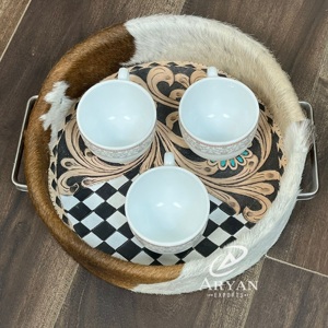 Plateau de présentation en cuir floral grand format à motif à carreaux, fait main, plateau de service moderne de luxe pour hôtel, organisateur de bureau, plateau décoratif - Product Image 1