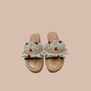 Sandales plates à plateforme tendance pour femmes, couleur marron, avec perles, bout ouvert, décoration de perles, fermeture à enfiler, dessus en jute pour une utilisation en extérieur - Product Image 3