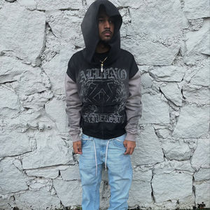 Sudadera con Capucha para Hombre OEM, de Alta Calidad, Moderna, con Mangas en Capas, Ribete en Contraste, Impresión Personalizada, Lavado Ácido, Pedrería, Invierno - Product Image 4