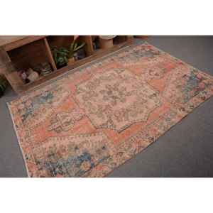 Tapis turc vintage 4.4x7 pieds Orange bleu Patchwork Design laine grande surface Rectangle zone pour adolescent motif abstrait Latex - Product Image 5