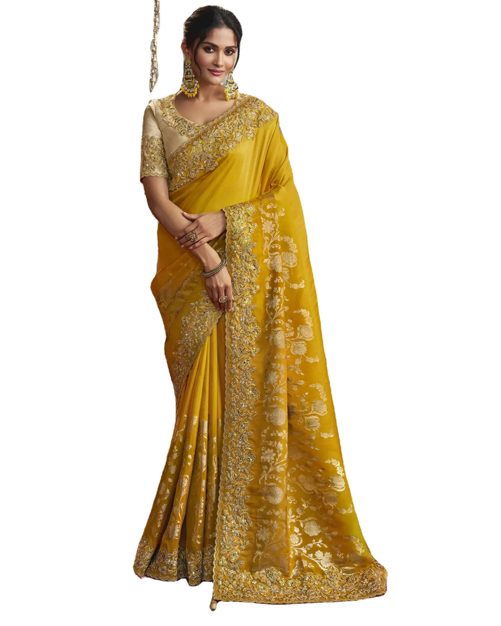 Qualidade Premium Womens Wedding Wear Fancy Embroidery Saree com Blusa para Wedding Party Wear Use