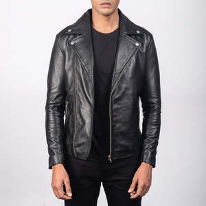 Men's Noah Vintage Biker <b>Jacket</b> Black <b>Sheepskin</b> Leather-Water Proof Zippered Standing Collar Chain XS XL for Spring Autumn - Product Image 1