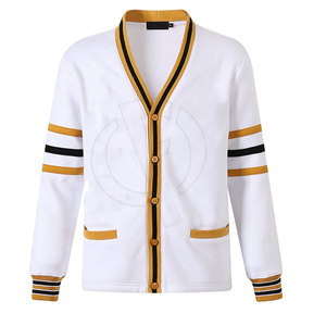 Cárdigan Varsity de Felpa de Alta Calidad Personalizado con Letras Bordadas en Chenille, Diseño a Cuadros Invernal, Botones Blancos y Rayas Doradas Antiguas - Product Image 2