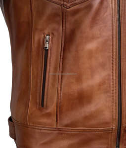 Chaqueta de cuero de motorista marrón de moda, cuello a presión, cierre de cremallera, puños abotonados, ropa de motocicleta informal OEM personalizada para invierno - Product Image 5