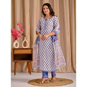 ชุดคุรตะผ้าฝ้ายสีขาวและสีน้ำเงินพร้อมกางเกงขายาวพิมพ์ลายบัตต้า แขนสามส่วน เสื้อสำหรับใส่ในชีวิตประจำวัน - Product Image 6