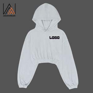 เสื้อฮู้ดสตรีทผ้าฟลีซผ้าไหมแบบสวมหัวเสื้อครอปเปิดไหล่โอเวอร์ไซส์ปักฉลากส่วนตัว - Product Image 1