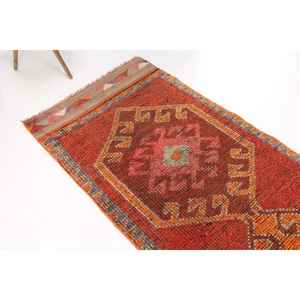 พรมวินเทจ, พรมแบบยาวขนาด 2.9x10.4 ฟุต พรมตุรกี, พรมขนสัตว์ลายดอกไม้สีแดง - Product Image 1