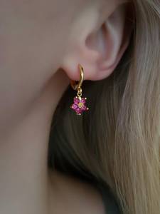 Natural Pink <b>Ruby</b> Sterling Silver Earrings Fuchsia Gold Flower Design Cute Dainty Floral Jewelry Gift for Her - Product Image 3