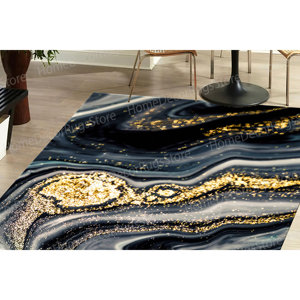 Black And <b>Gold</b> Marble Printed Rug - Modern, Shimmery, Luxury Design,Luxury Velvet Rug - Product Image 1