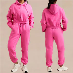 Ensemble pantalon de survêtement et sweat à capuche court de haute qualité Ensemble de vêtements pour femmes Ensemble de pantalons deux pièces avec impression bouffante personnalisée OEM Ensemble de survêtements pour femmes - Product Image 5