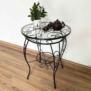 Durable Round Glass-Top <b>Table</b> with Traditional Patterned Iron Legs CFD68146 - Product Image 5