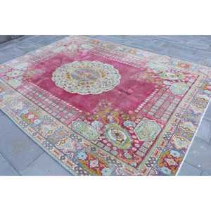 Turkish Rug 7.6x10.3 ft, <b>Red</b> Blue Floral <b>Wool</b> Vintage Rug - Product Image 2