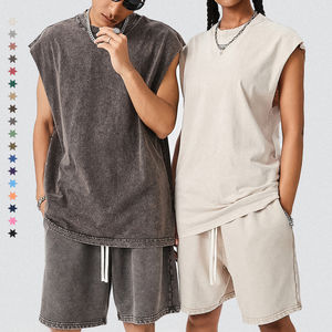 Conjunto de camisas y pantalones cortos de punto para hombre de MOQ bajo-100% de algodón Pantalones cortos casuales sueltos a juego con lavado ácido - Product Image 3