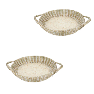Bandeja Redonda Decorativa de Pasto Marino con Base de Nácar, Bandeja para Servir con Asa para Mesa de Centro, Decoración del Hogar de Vietnam - Product Image 4