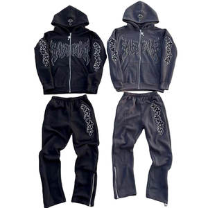Puff Print Custom Logo Flare Sweatsuit <b>Men's</b> Tracksuit 100% cotton Fleece Raw Hem Hooded Flared <b>Sweat</b> <b>Pants</b> <b>Men</b> Zip Up Sweatsuit - Product Image 5