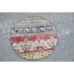 Vintage Round Rug 3.3x3.3 ft, Turkish <b>Red</b> Bordered <b>Wool</b> Rug - Product Image 3