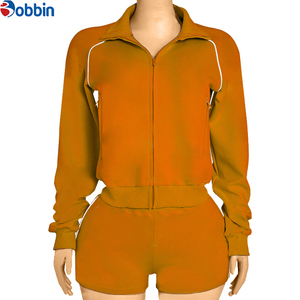 Ensembles de survêtements personnalisés pour femmes, couleurs contrastées, logo personnalisé, en coton, vestes à manches longues avec shorts - Product Image 6