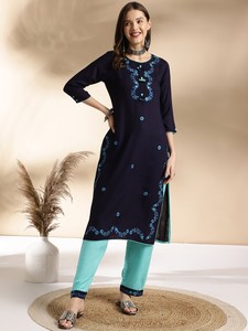 <b>women</b> ethnic Navy Blue Floral Embroidered Straight Thread Work viscose rayon Kurta With <b>Trouser</b> indian pakistani salwaar kameez - Product Image 2