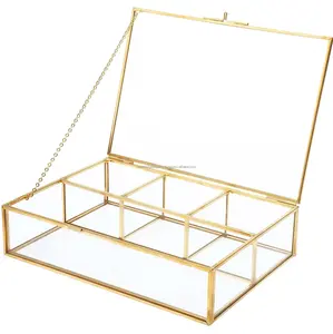 Golden Vintage Glass Box Clear Keepsake Organizador De Jóias e Counter Top Coleção Display Case De Vidro Decorativo & Caixa De Latão
