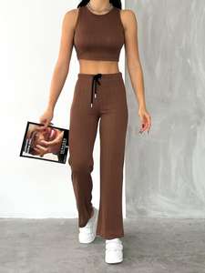 2024 conjuntos de moda de verano y otoño para mujer personalizados, Top corto sin mangas, pantalones por encima de la rodilla con patrón sólido, trajes informales para mujer - Product Image 2