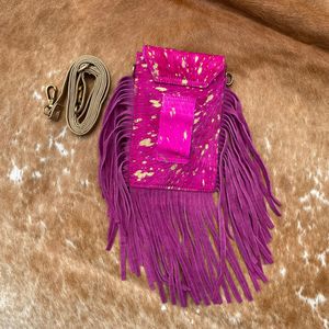 Pelo hecho a mano en cuero de vaca metálico turquesa flecos mujeres bandolera móvil bolso occidental cuero genuino Concho teléfono celular monedero - Product Image 5