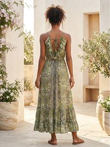 Talla Única Y2K Estilo Boho Natural, Vestido Maxi de Seda Tejida India con Estampado Geométrico, Cuello en V, Sin Mangas, Casual, Antiarrugas, Estilo Coreano para Verano - Product Image 3