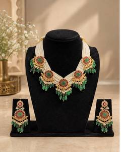 TISHYA DIAMOND Gold Plated Alloy Necklace Earring <b>Set</b> Ruby Brilliant Cut Imitation <b>Pearl</b> Tassel Ethnic Wedding <b>Jewelry</b> Women - Product Image 1