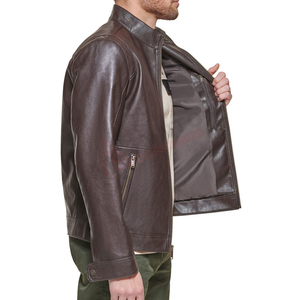 Veste en cuir imperméable à fermeture éclair avec logo sur le devant, col montant en peau de mouton, mode streetwear grande taille pour l'hiver, pour hommes - Product Image 5