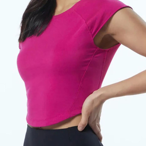 Vente en gros, logo personnalisé, OEM, hauts courts en coton rose uni décontractés pour femmes, t-shirts d'été à manches courtes respirants, tissu tricoté - Product Image 5