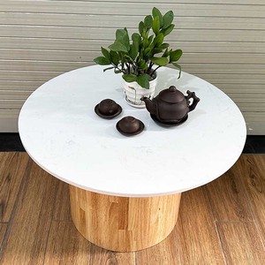 Modern 70cm Diameter Round Stone Top Coffee <b>Table</b> with Wooden Pedestal Base Durable Tea <b>Table</b> for Living Room-TT68236 - Product Image 5
