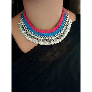 Vintage Bohemian Oxidised Silver <b>Necklace</b> <b>Pink</b> Blue Thread Classic Ethnic Brass Alloy Chains for Wedding Party Engagement Gift - Product Image 3