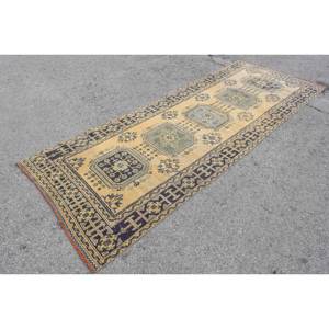 Vintage Turkish <b>Wool</b> Rug <b>Yellow</b> & Blue Patchwork Design 4' X 11' Size Flat Weave Technique for Living Room Carpet - Product Image 3