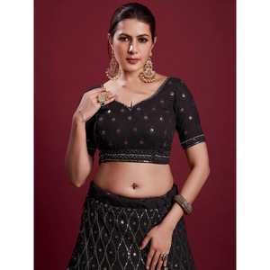 Lehenga Choli Negro de Georgette con Bordado de Hilo y Gota Patti, Conjunto de Boda para Mujer, Listo para Usar - Product Image 3