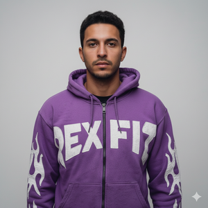 Sudadera con Capucha Personalizada para Hombre, con Cremallera Completa, Bordado en el Pecho, Estilo Urbano Desgastado, Manga Larga en Contraste, Color Morado - Product Image 2