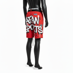 Shorts coupe-vent pour femmes en nylon premium rouge et noir avec empiècements en jean, impression sérigraphique graffiti, logo tissé personnalisé pour femmes - Product Image 5