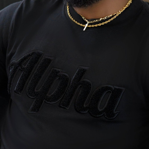 Camiseta de chenilla alfa negra sólida, ropa de vida griega bordada, camiseta de moda de algodón personalizada, ropa de calle informal de fraternidad - Product Image 5