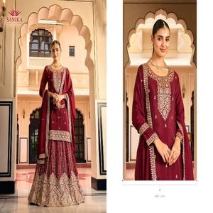 Designer Premium Chinon Soie Avec Miroir Et Broderie Travail Salwar Costume Fabricant Et Fournisseur De Surat Au Taux Le Plus Bas - Product Image 1