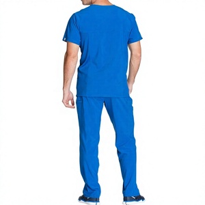 Ensemble de tenue médicale bleue pour femme : Blouse à col en V et pantalon cargo à poches, uniforme d'hôpital en tissu tissé coton-polyester, détection des aiguilles - Product Image 2