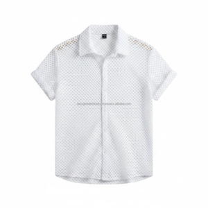 เสื้อเชิ้ตตาข่ายโปร่งสีขาว เสื้อลำลองระบายอากาศได้ดี ผ้าตาข่าย เหมาะสำหรับฤดูร้อน ชายหาด สตรีทแวร์ เสื้อเชิ้ตติดกระดุมสำหรับผู้ชาย - Product Image 1
